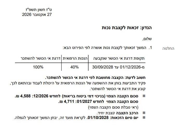מכתב החלטת ביטוח לאומי: המשך זכאות לקצבת נכות כללית, 40% נכות רפואית ו-100% דרגת אי כושר להשתכר